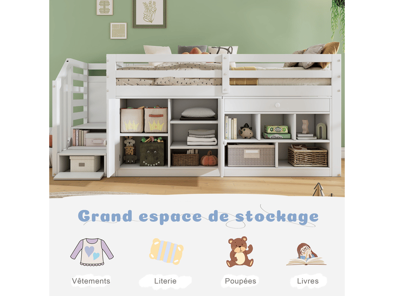 Lit mezzanine enfant simple 90×200 cm escalier, rangements et bureau - sans matelas bois blanc - Conforama E