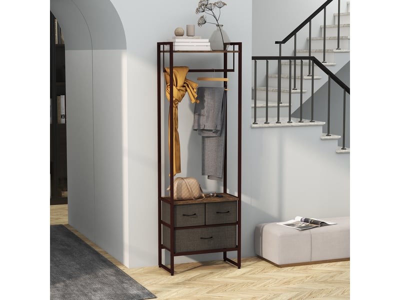  Porte-manteau avec tringle, 3 tiroirs et étagères, en mdf et acier, 58,5 x 30 x 178 cm, marron  - Conforama C