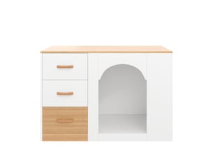 Îlot de cuisine blanc effet bois mdf 120×60×90 cm, 3 tiroirs, niches et espace animal, sans gamelle ni coussin