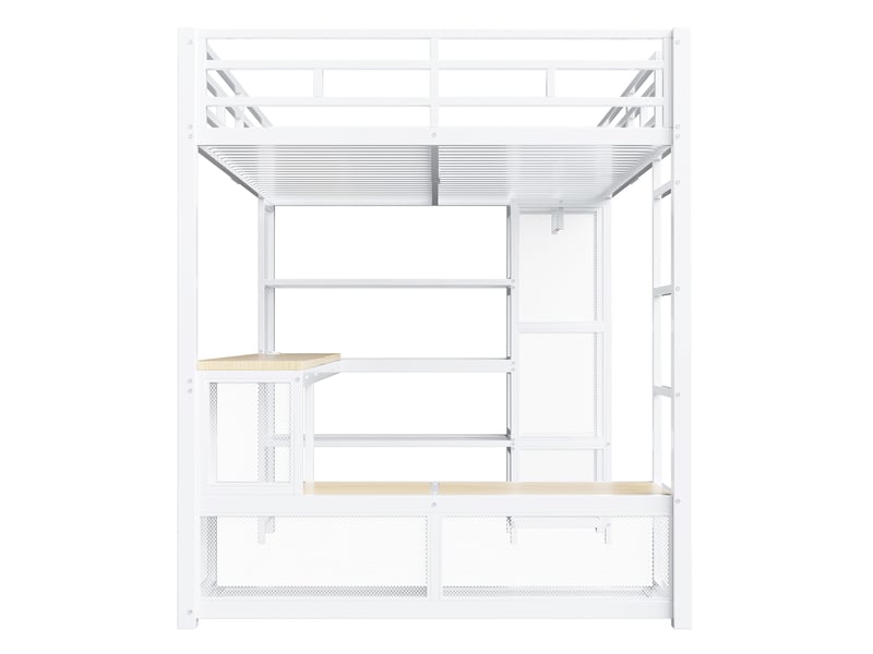  Lit mezzanine 140x200 cm blanc, avec bureau, rangements, penderie, led 16 couleurs, usb, structure métal, sommier inclus, sans matelas  - Conforama E