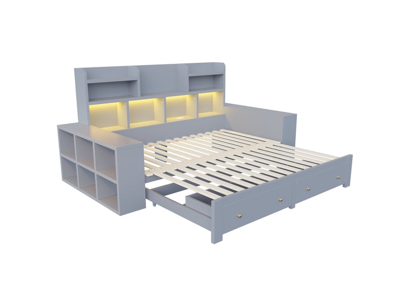  Lit banquette 90180x200 cm – gris – extensible avec rangements, tiroirs, led et prises - sans matelas  - Conforama D