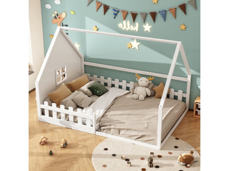 Lit cabane 140x200 cm, lit double avec barriéres de sécurité, cadre de lit en pin, blanc, sans matelas - Conforama B