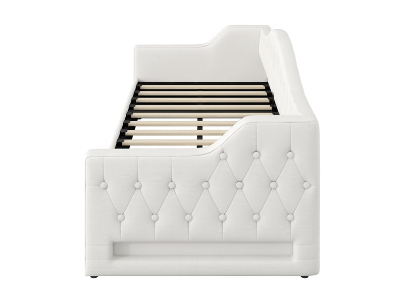  Lit gigogne simple 90 x 200 cm, lit de repos rembourré avec bande led et rangement en dessous, beige, lit 1 personne  - Conforama B