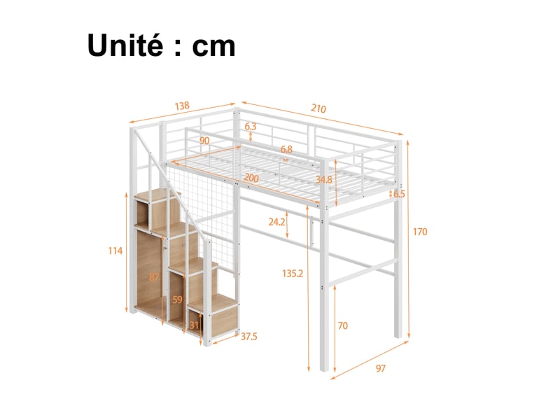  Lit mezzanine, lit simple en métal et bois avec escalier et rangements, 200 x 90 cm, matelas non précisé, noir  - Conforama D