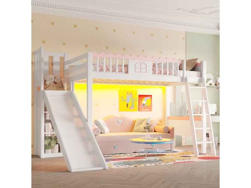  Lit surélevé 90x200cm blanc, led, toboggan, trois étagères, structure en pin, certifié en747, sans matelas  - Conforama E