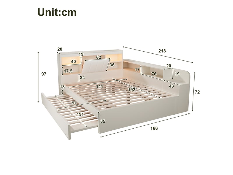  Lit banquette gigogne avec sommier à lattes, rangements, liseuses et prises usb, en bois et panneaux blancs  - Conforama C