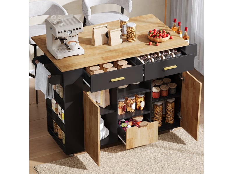 Îlot de cuisine mobile 120x71x90 cm avec plateau rabattable, mdf noir et bois naturel - Conforama C