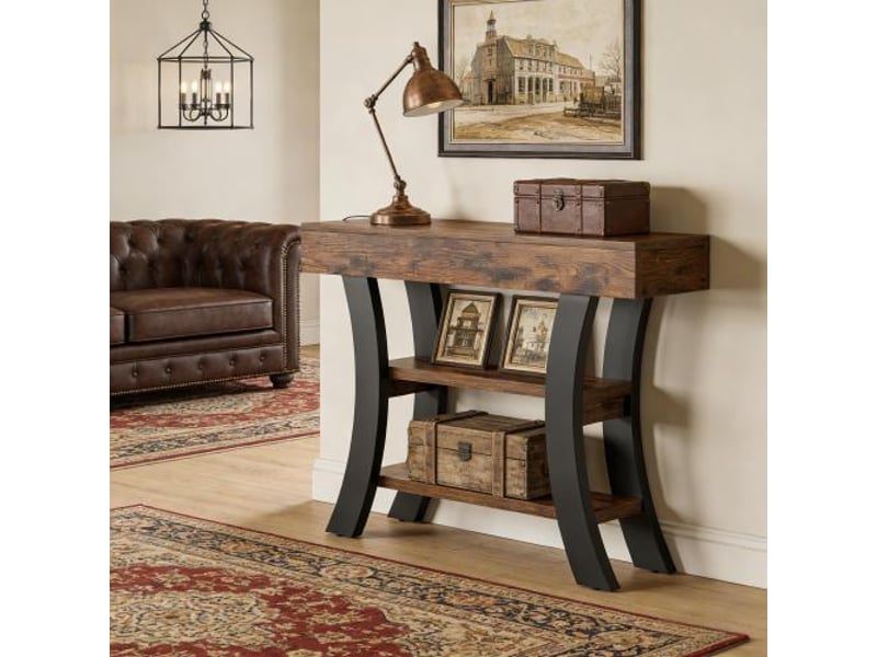 Console avec 3 niches ouvertes style rustique pour entrée, salon, chambre en mdf et métal noir et brun 105 × 30 × 80 cm - Conforama E