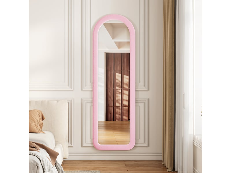  Miroir sur pied 160x50 cm rose,miroir décoratif ,grand miroir mural avec cadre en flanelle,verre trempé,arqué  - Conforama D