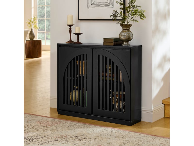  Buffet étroit style mid-century moderne avec fronts rainurés et 2 passages de prise, meuble de rangement noir pour salon, entrée, cuisine ou coin café 4071258408425 - Conforama B