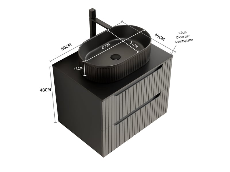  Meuble sous vasque suspendu 2 tiroirs - lpospi - fermeture douce, céramique, pierre frittée noir 60 × 46 × 62,2 cm  - Conforama D