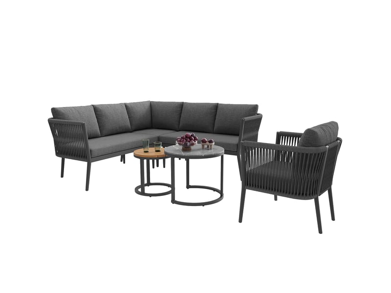  Salon de jardin modulable 6 pièces gris en métal et oléfine, 2 canapés, fauteuil, module d'angle et tables  - Conforama A