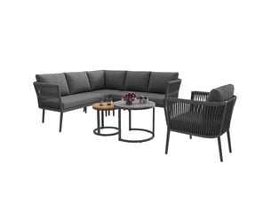 Salon de jardin modulable 6 pièces gris en métal et oléfine, 2 canapés, fauteuil, module d'angle et tables