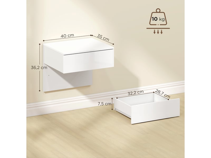  Ensemble de 2 tables de chevet suspendues avec tiroir, fixation murale pour chambre, 40 x 35 x 36,2 cm, blanc brillant  - Conforama E