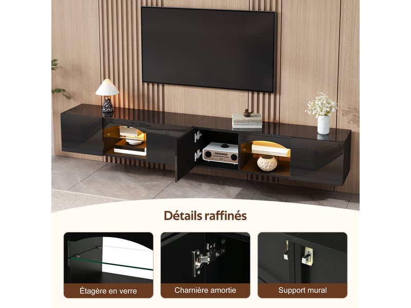  Meuble tv 200x30x28 cm avec led app, 4 portes, 2 niches, étagères en verre, finition brillante, noir  - Conforama D