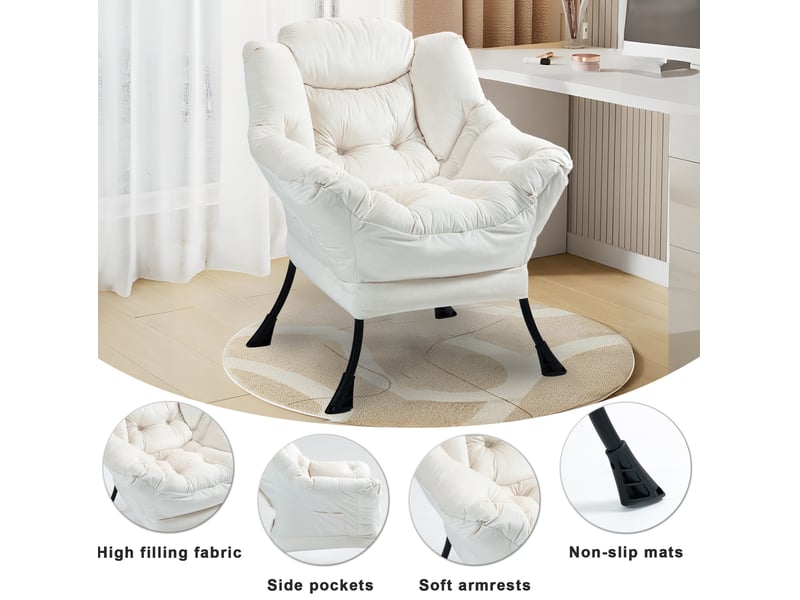  Fauteuil relax blanc avec structure en métal, soutien de nuque et poche latérale pour vos moments de détente  - Conforama E