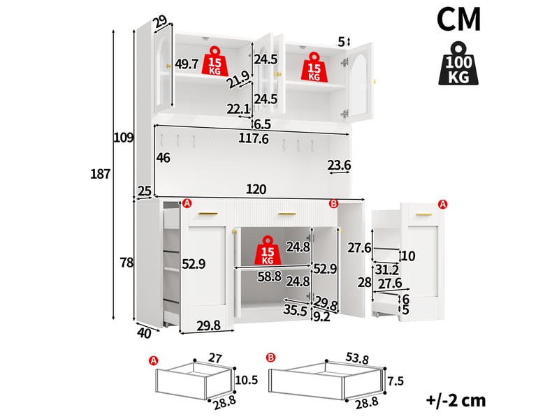  Buffet de cuisine 120 cm avec led rgb, 3 vitrines en verre, tiroirs et rangements coulissants, blanc  - Conforama C