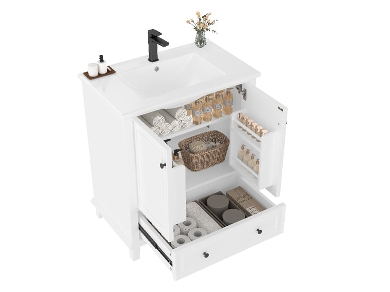  Meuble salle de bain sur pied 76x46x87cm avec vasque en céramique intégrée, meuble vasque 76 cm blanc, pieds en bois massif  - Conforama A