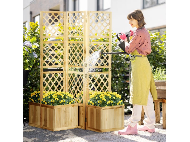  Paravent extérieur pliable avec 4 jardinières 133 x 62 x 165 cm – bois naturel – treillis décoratif  - Conforama B