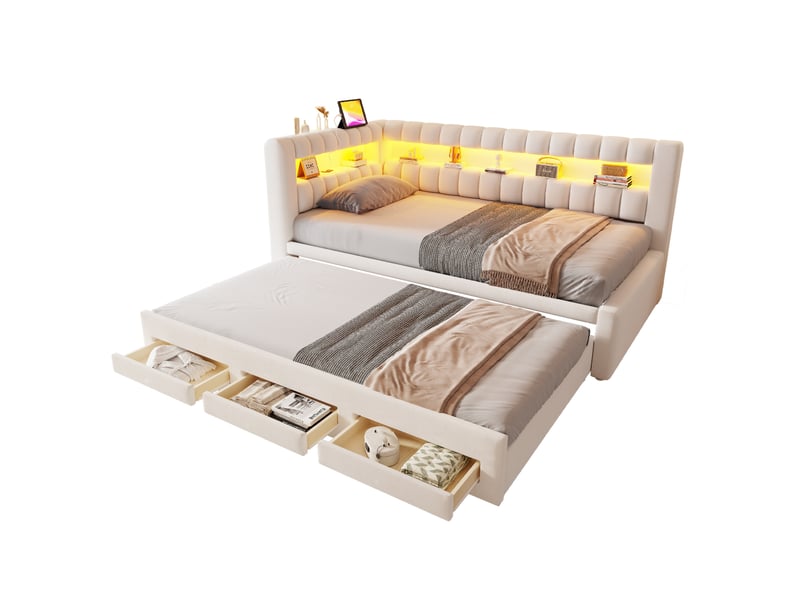  Lit gigogne 90x190 cm, lit jeune avec led, usb et rangement en métal et mdf couleur beige, design moderne  - Conforama A