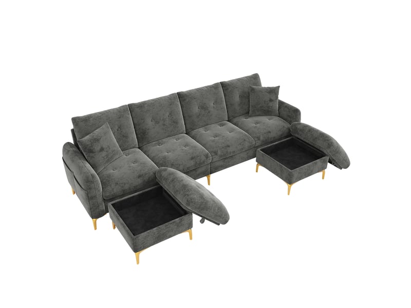  Canapé modulable en u 4 places, canapé en chenille gris avec 2 poufs de rangement - design capitonné et coussins amovibles pour grand salon  - Conforama A