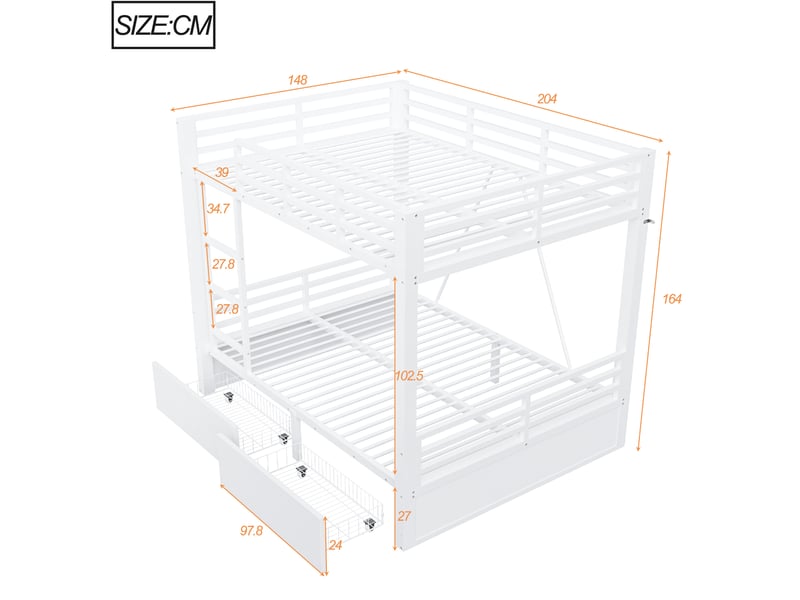  Lit superposé 140 × 200 cm avec 2 tiroirs, échelle et barrières de sécurité en métal blanc pour chambre enfant  - Conforama C