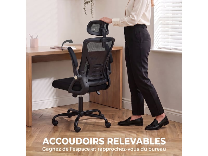  Chaise bureau ergonomique, accoudoirs relevables, appui-tête, fonction basculante, 59x62x125cm, hauteur réglable, noir  - Conforama A