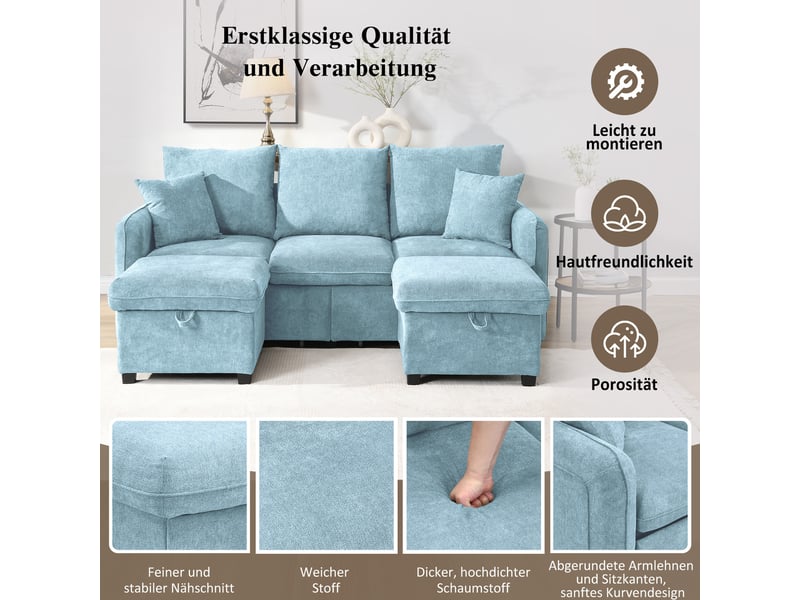  Canapé d’angle en u 3 places 188x186x86 cm convertible avec tiroirs, pouf coffre, modules séparables, chenille, bleu Sol Morn - Conforama E