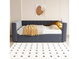 Lit rembourré 90×190 cm, avec éclairage led, prise électrique et grand espace de rangement, avec tiroirs spacieux, lit rembourré, canapé-lit multifonctionnel, lit simple, gris foncé