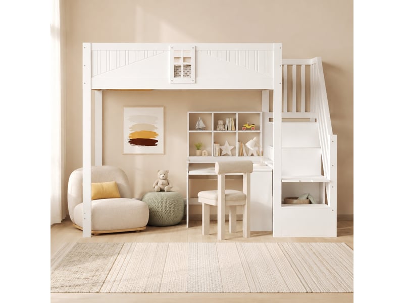  Lit mezzanine 90 x 200 cm blanc avec échelle réversible et rangement latéral  - Conforama B