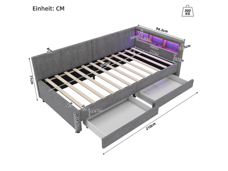  Modenvie lit banquette 90x200 cm - led télécommandée, usb-c et 2 tiroirs, sommier inclus, sans matelas - gris  - Conforama C