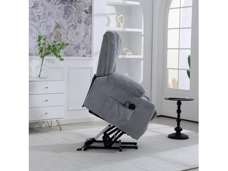  Fauteuil relax électrique avec aide au relevage, massage et chaleur, avec porte-gobelet, en velours gris clair  - Conforama D