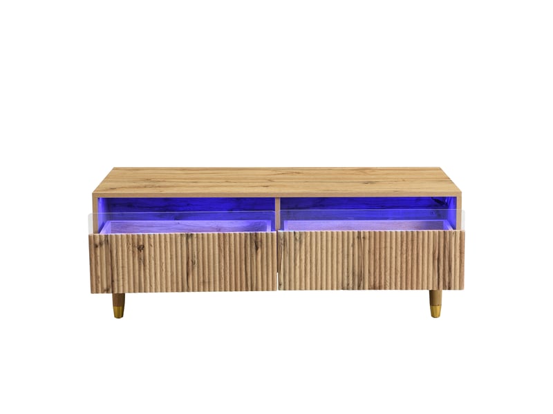 Table basse 110x50x40 cm, 2 tiroirs, éclairage led bluetooth, façade ondulée, pieds bois massif dorés pour salon et séjour - bois - Conforama E