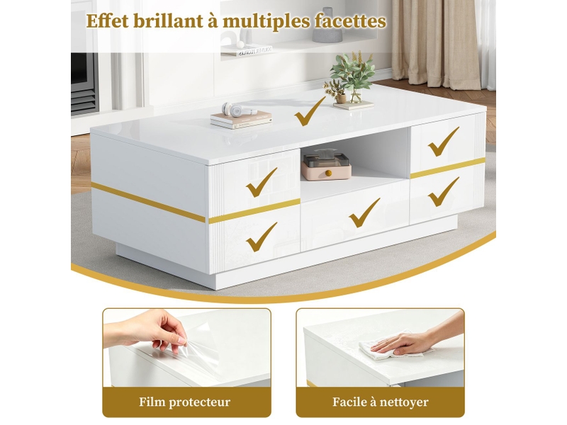  Table basse 100 x 50 x 35 cm éclairage led table de salon compartiment semi-ouvert 2 portes charge maximale 30 kg finition blanche accents dorés  - Conforama E