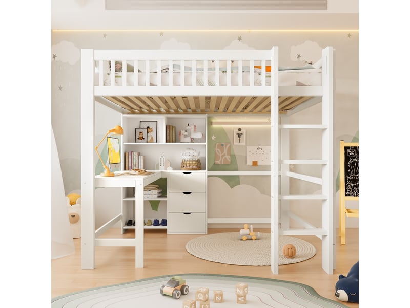 Lit mezzanine 140x200 blanc avec bureau, échelle, étagères et 3 tiroirs, structure en pin et mdf, couchage surélevé enfant - Conforama R