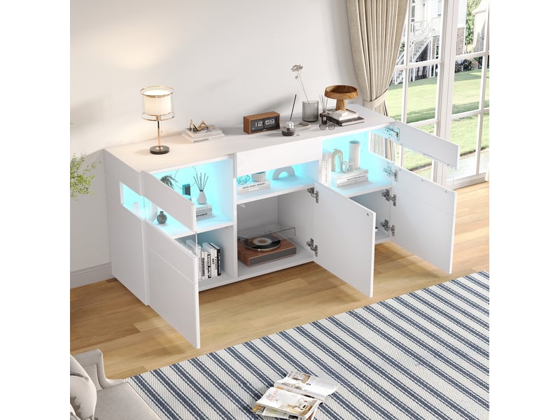  Buffet bas 3 portes blanc brillant avec led et acrylique transparent - 140 x 40,5 x 66,5 cm  - Conforama D