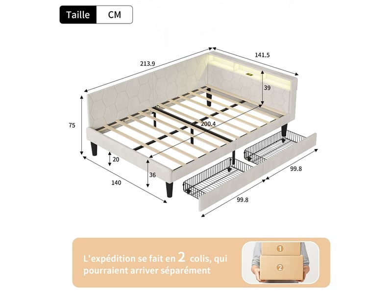 Kefsr lit rembourré 140x200 cm avec 2 tiroirs, lit double et canapé-lit banquette en velours beige, tête de lit avec étagère de rangement, led rgb et ports usbtype-c - Conforama C