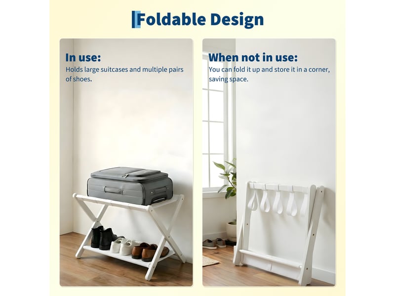  Lot de 2 porte-bagages pliant de luxe en bambou avec étagère, sangles nylon résistantes, charge 50 kg – chambre, salon, hôtel-blanc PHK_37RDH6SV - Conforama E