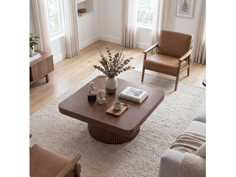  Table basse carrée à angles arrondis en bois et mdf, coloris noyer, 78 x 78 x 38 cm  - Conforama D
