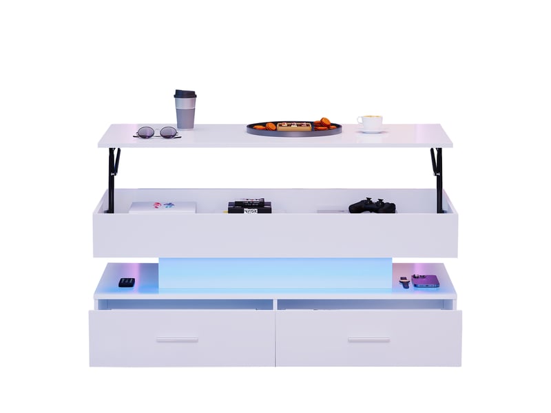  Table basse relevable blanche, table basse avec led, table basse hydraulique, 100x50x44cm, panneau de particules, blanc  - Conforama A