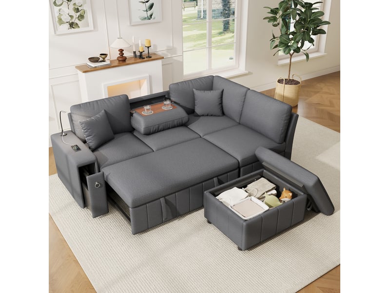  Canapé d'angle 213x184x88cm, table rabattable, ports usb, lampe de lecture, pouf, pouf de rangement, matière lin, gris  - Conforama D