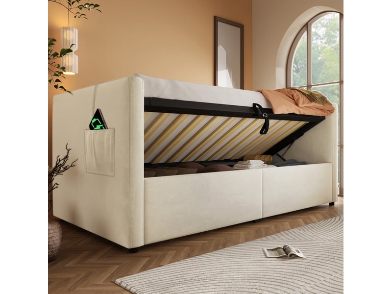  Modenvie lit banquette coffre 90x200 cm - rangement hydraulique, ports usb et usb-c, sans matelas - beige  - Conforama E