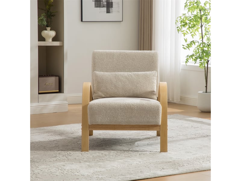 Fauteuil lounge scandinave - 82x70x83.5 cm - tissu chenille doux &amp; pieds en bois massif - design moderne sans accoudoirs - beige  - Conforama C