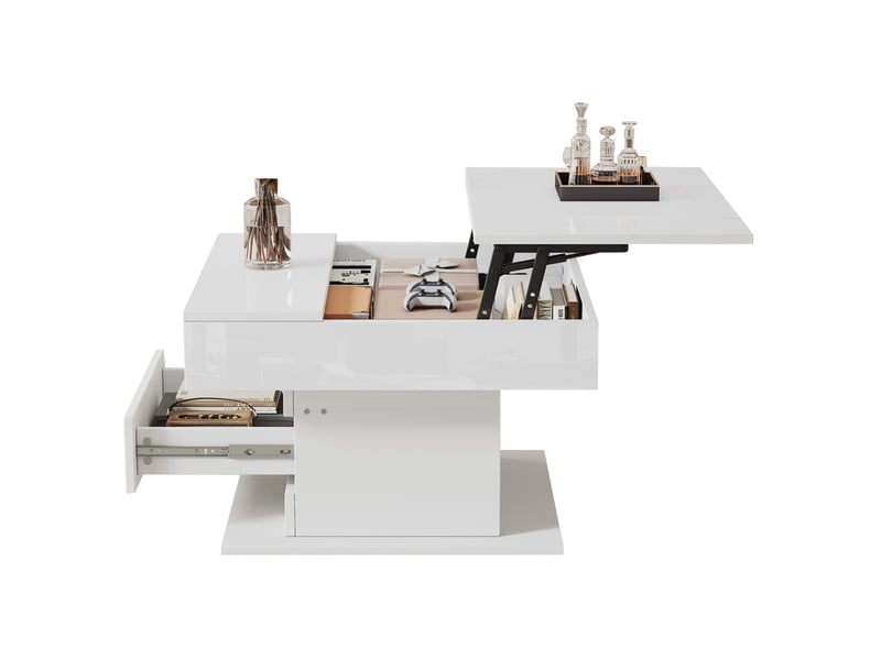  Table basse relevable 70 x 70 x 45-59 cm 360° tiroir rangement caché laqué brillant panneau de particules blanc  - Conforama A