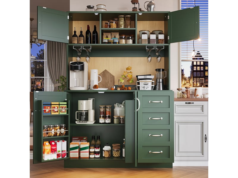  Armoire de cuisine, 120 x 40 x 188 cm, avec 4 portes, avec éclairage led, coloris vert et noir et blanc, solution de rangement fonctionnelle  - Conforama W