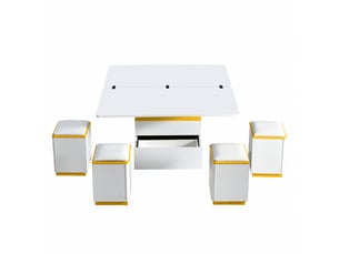 Table basse relevable avec 4 tabourets de rangement, blanche et jaune, 100 x 50 x 43 cm