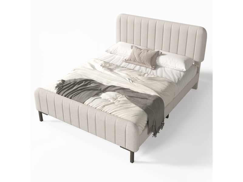  Lit double rembourré 140x190 cm avec tête de lit réglable en hauteur, sommier à lattes inclus, cadre de lit en lin - beige gris  - Conforama A