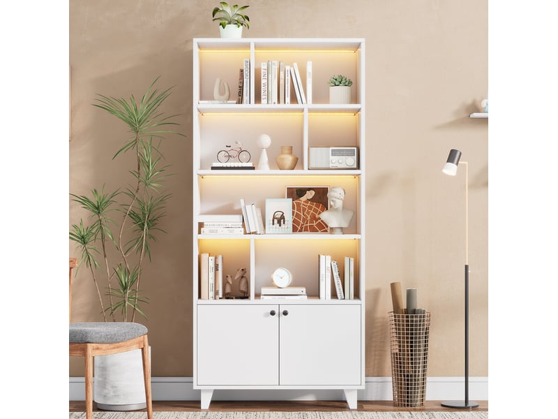  Bibliothèque 80x30x173 cm, led, armoire de rangement, meuble de bureau, 2 portes, pieds en bois, mdf et bois, blanc  - Conforama B