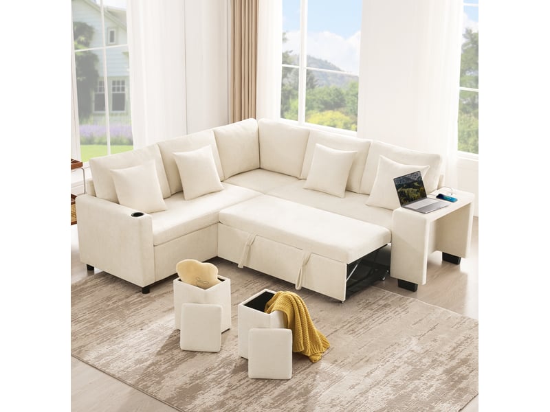  Canapé d'angle convertible avec rangement, fonction couchage, porte-gobelets, usb et usb-c, en chenille beige  - Conforama C