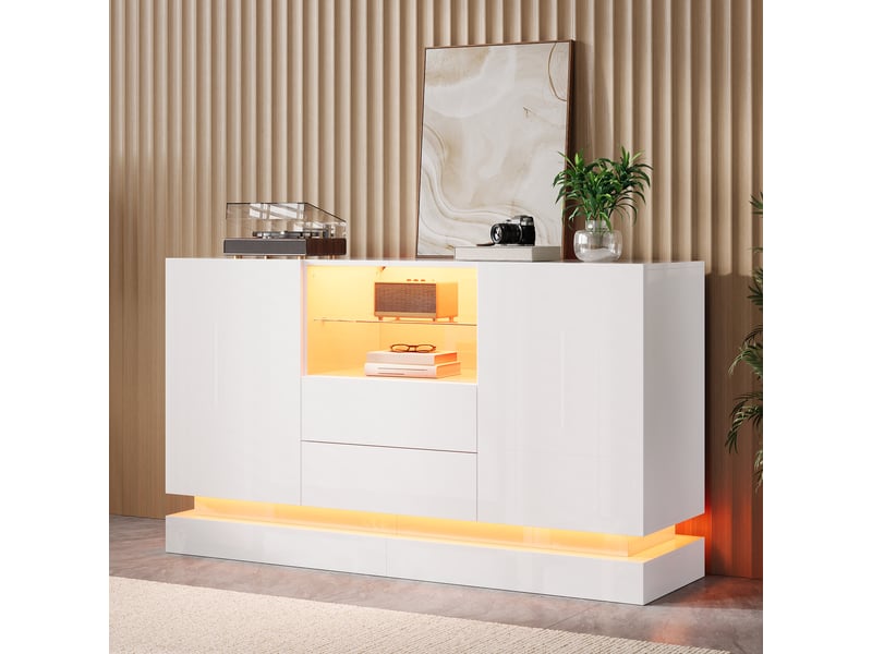  Buffet bas brillant 140 x 40 x 80 cm avec led pilotable par application, 2 portes, 2 tiroirs et niche vitrée - blanc Fay Lum - Conforama E